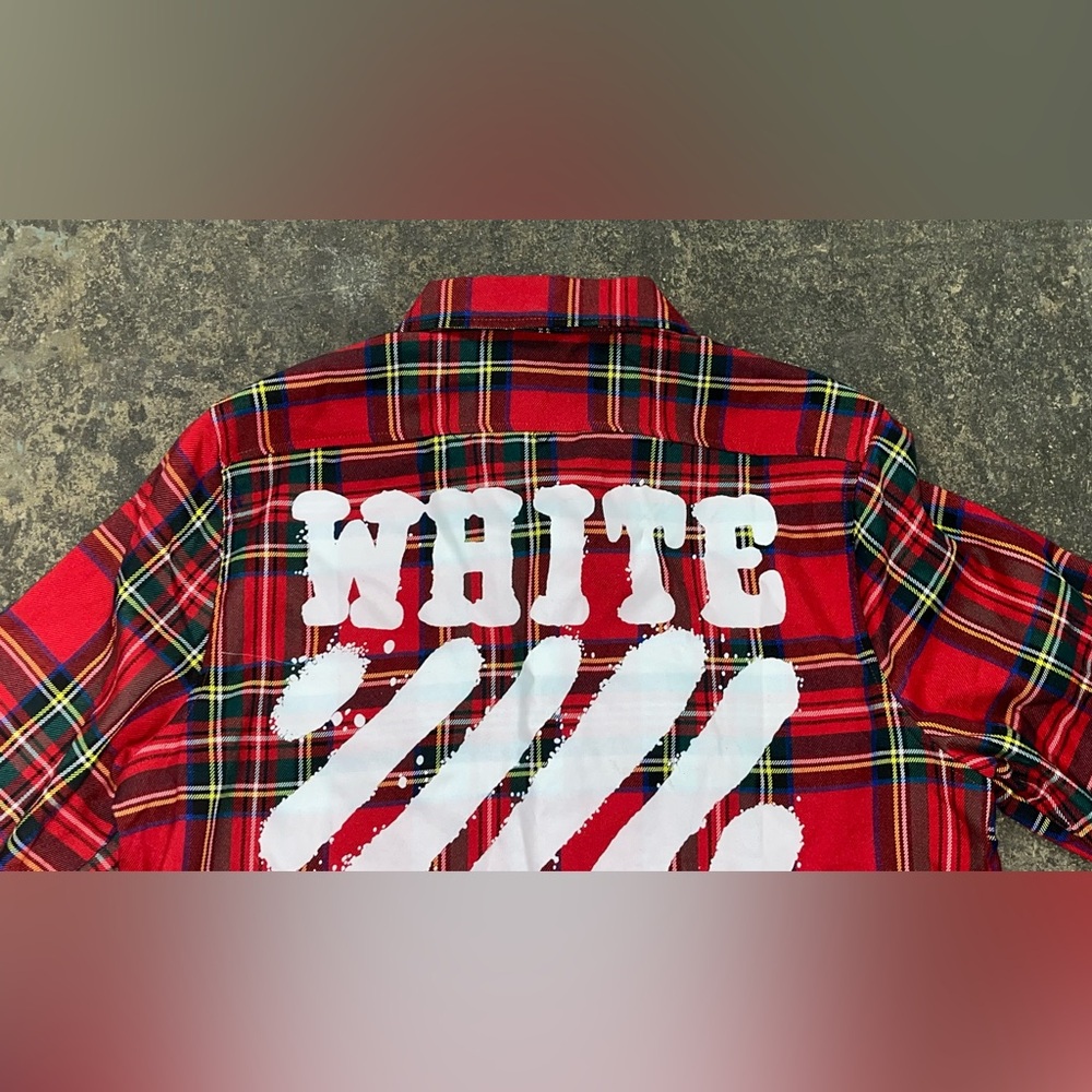 Off-White Red Tartan Plaid Button-Down Shirt with White Graphic Back - Picture 11 of 15